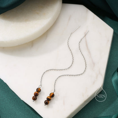 Genuine Tiger&#39;s Eye Ear Threaders in Sterling Silver, Three Beads Threader Earrings, Ear Jacket, Tiger&#39;s Eye Earrings