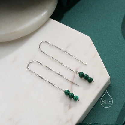 Genuine Malachite Threaders in Sterling Silver, Three Beads Threader Earrings, Ear Jacket, Malachite Earrings