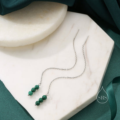 Genuine Malachite Threaders in Sterling Silver, Three Beads Threader Earrings, Ear Jacket, Malachite Earrings