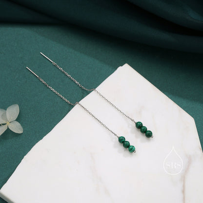 Genuine Malachite Threaders in Sterling Silver, Three Beads Threader Earrings, Ear Jacket, Malachite Earrings