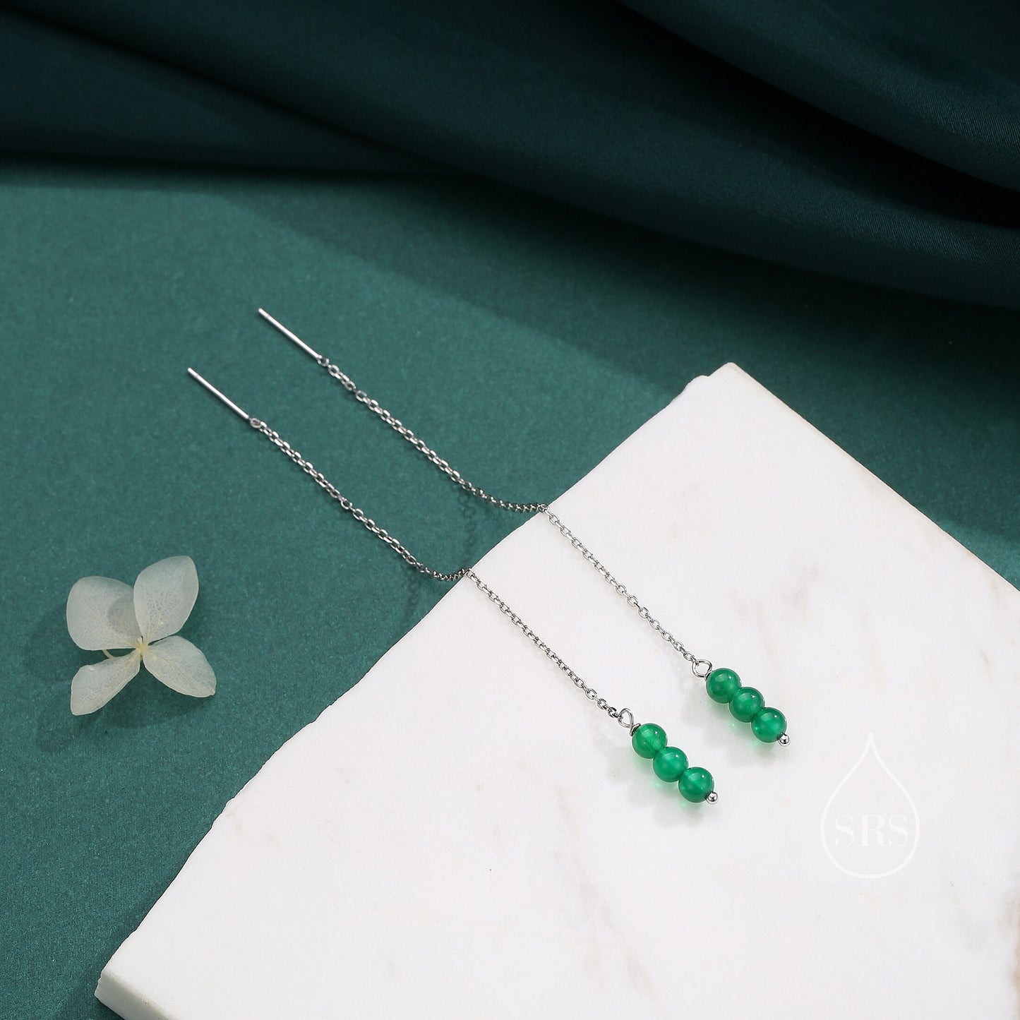 Genuine Green Onyx Threaders in Sterling Silver, Three Beads Threader Earrings, Ear Jacket, Green Onyx Earrings