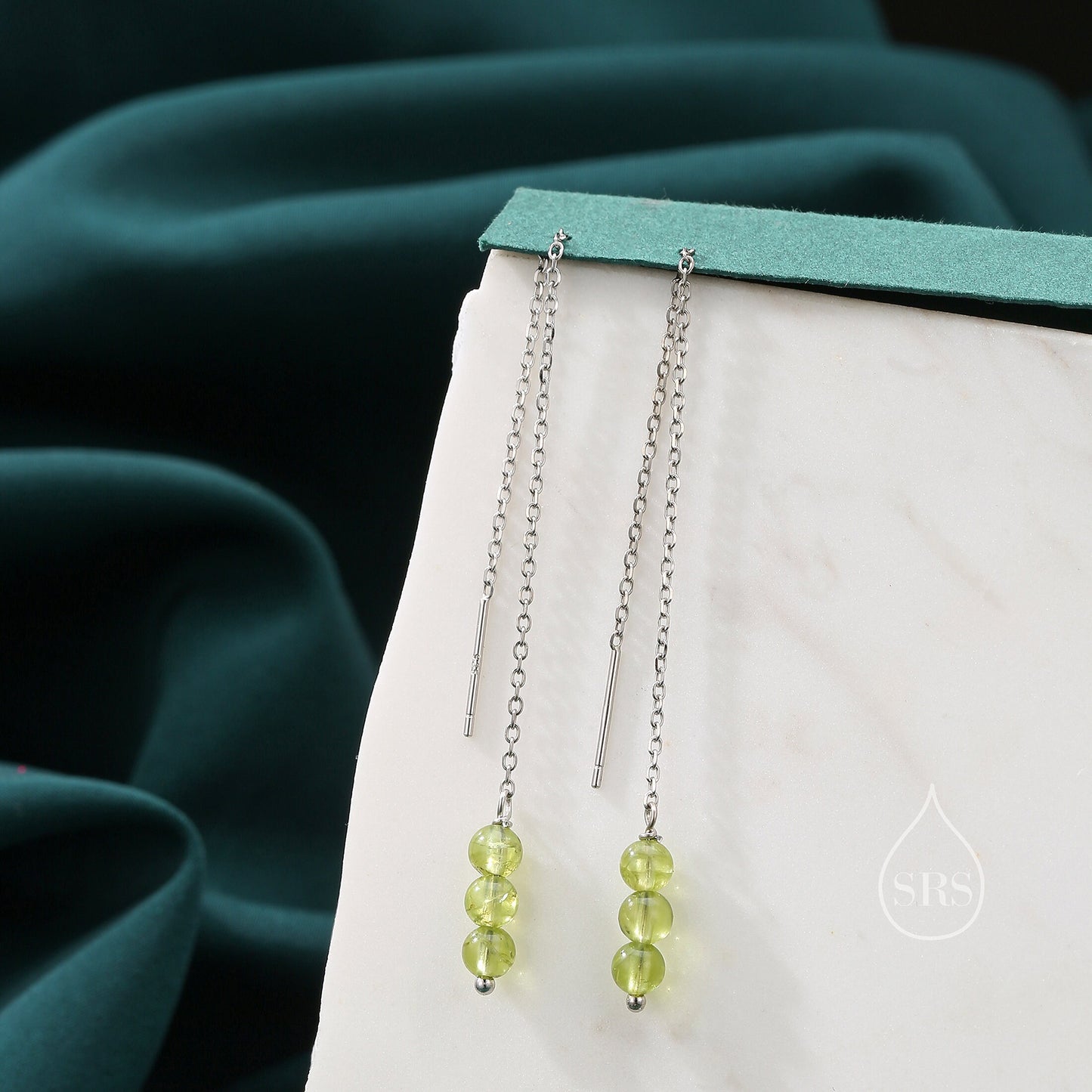 Genuine Peridot Threaders in Sterling Silver, Three Beads Threader Earrings, Ear Jacket, Green Peridot Earrings