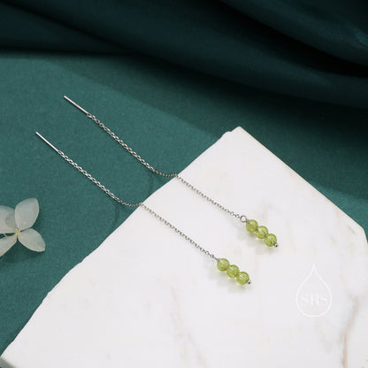 Genuine Peridot Threaders in Sterling Silver, Three Beads Threader Earrings, Ear Jacket, Green Peridot Earrings