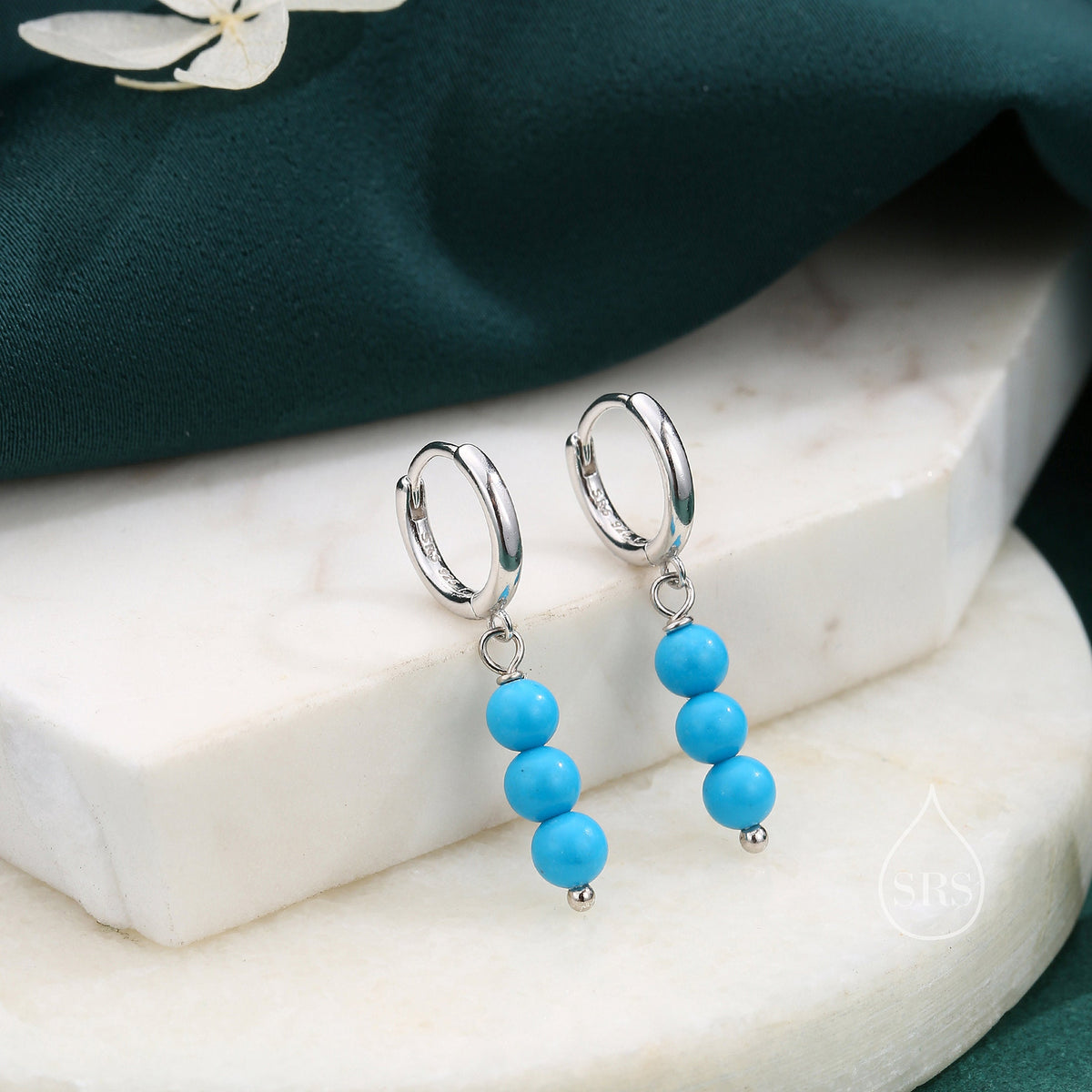 Genuine Turquoise Trio Huggie Hoop Earrings in Sterling Silver, Silver or Gold, Blue Turquoise Cluster Dangle Earrings, Three Turquoise Hoop