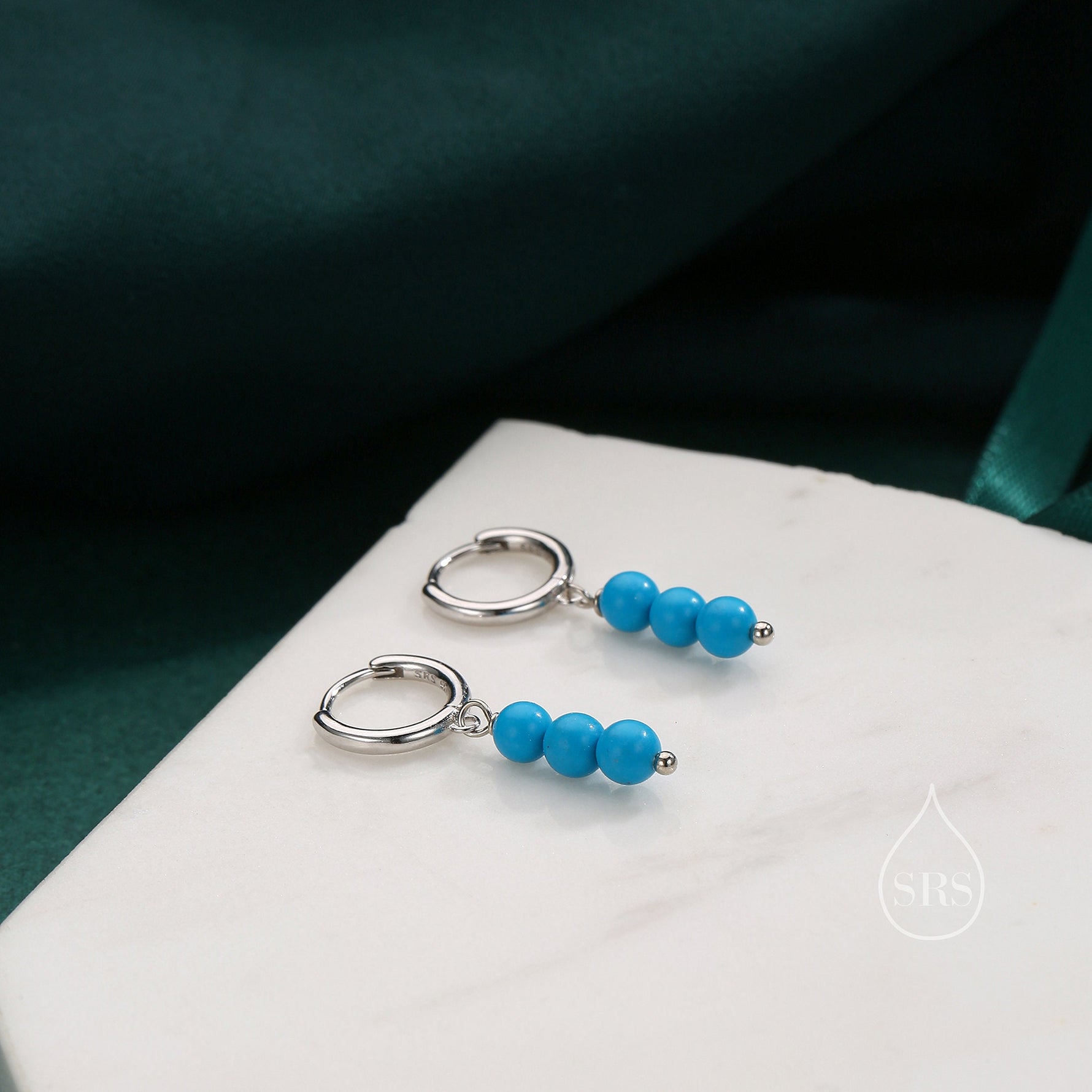 Genuine Turquoise Trio Huggie Hoop Earrings in Sterling Silver, Silver or Gold, Blue Turquoise Cluster Dangle Earrings, Three Turquoise Hoop