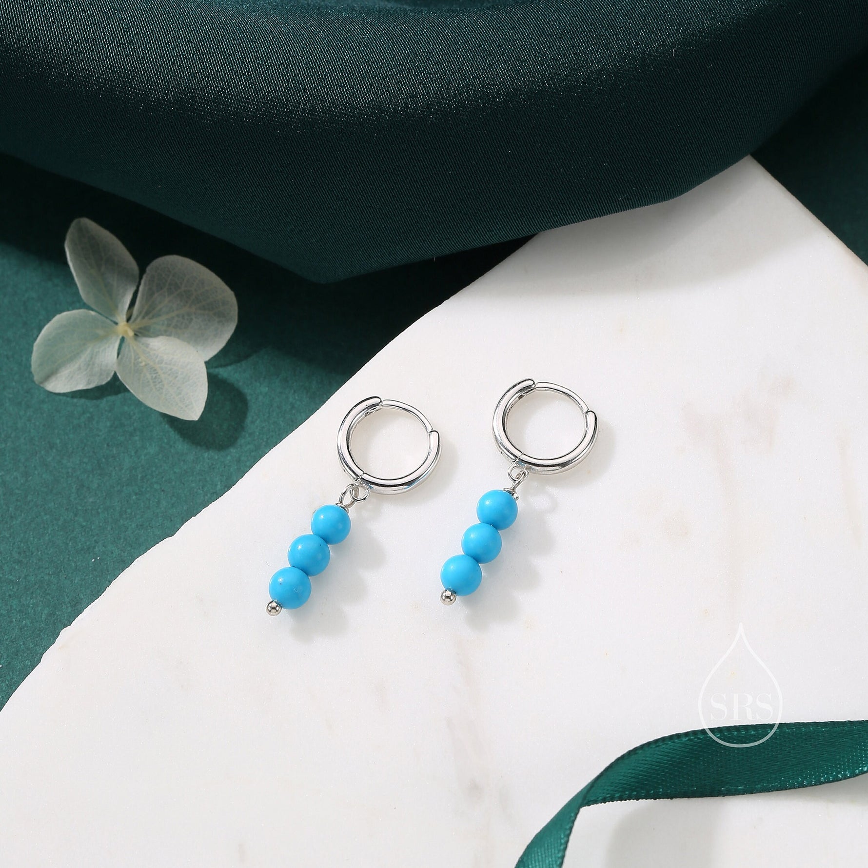 Genuine Turquoise Trio Huggie Hoop Earrings in Sterling Silver, Silver or Gold, Blue Turquoise Cluster Dangle Earrings, Three Turquoise Hoop