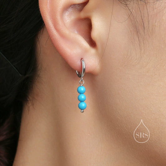 Genuine Turquoise Trio Huggie Hoop Earrings in Sterling Silver, Silver or Gold, Blue Turquoise Cluster Dangle Earrings, Three Turquoise Hoop