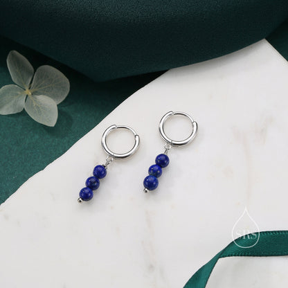 Genuine Lapis Lazuli Stone Trio Huggie Hoop Earrings in Sterling Silver, Silver or Gold, Blue Lapis Cluster Dangle Earrings, Three Lapis