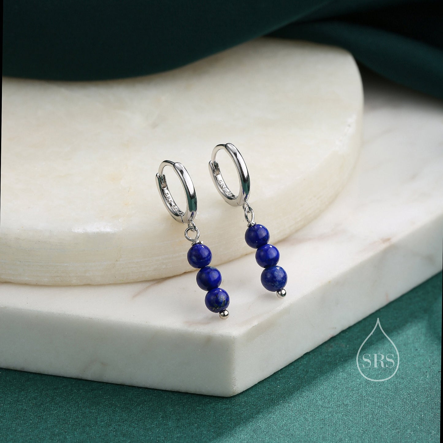 Genuine Lapis Lazuli Stone Trio Huggie Hoop Earrings in Sterling Silver, Silver or Gold, Blue Lapis Cluster Dangle Earrings, Three Lapis