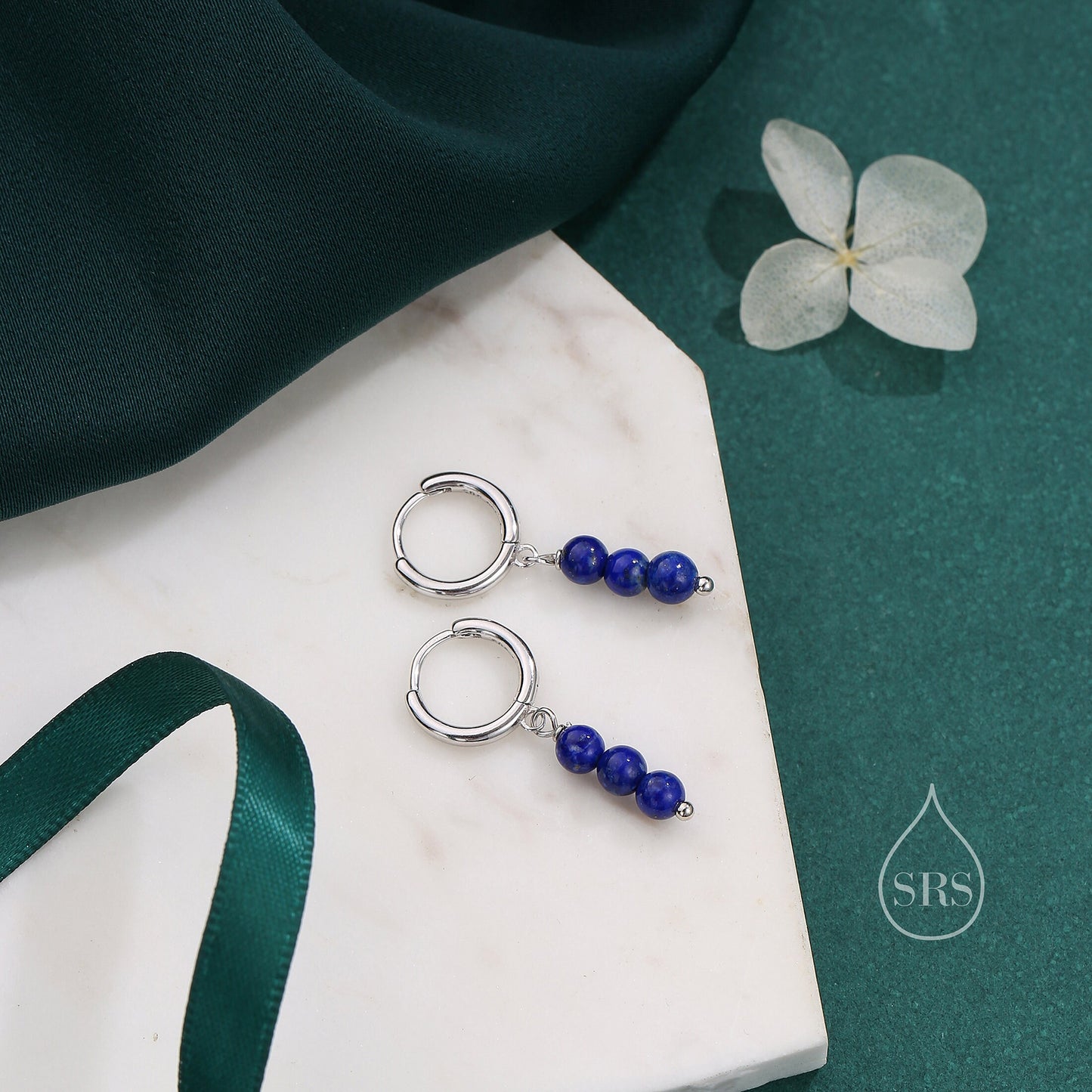 Genuine Lapis Lazuli Stone Trio Huggie Hoop Earrings in Sterling Silver, Silver or Gold, Blue Lapis Cluster Dangle Earrings, Three Lapis