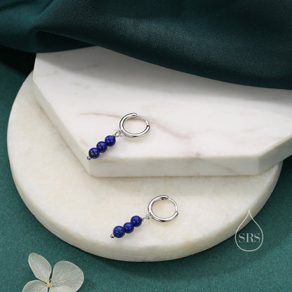 Genuine Lapis Lazuli Stone Trio Huggie Hoop Earrings in Sterling Silver, Silver or Gold, Blue Lapis Cluster Dangle Earrings, Three Lapis