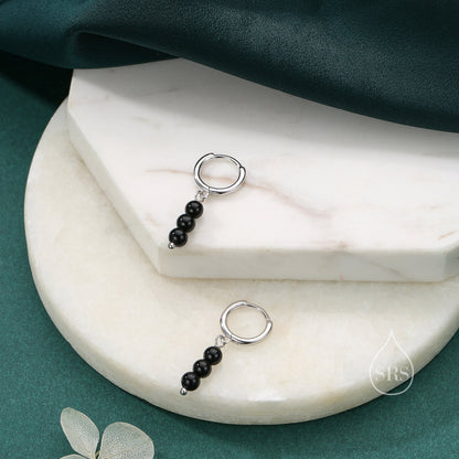 Genuine Black Onyx Stone Trio Huggie Hoop Earrings in Sterling Silver, Black Onyx Cluster Dangle Earrings, Three Onyx Hoops