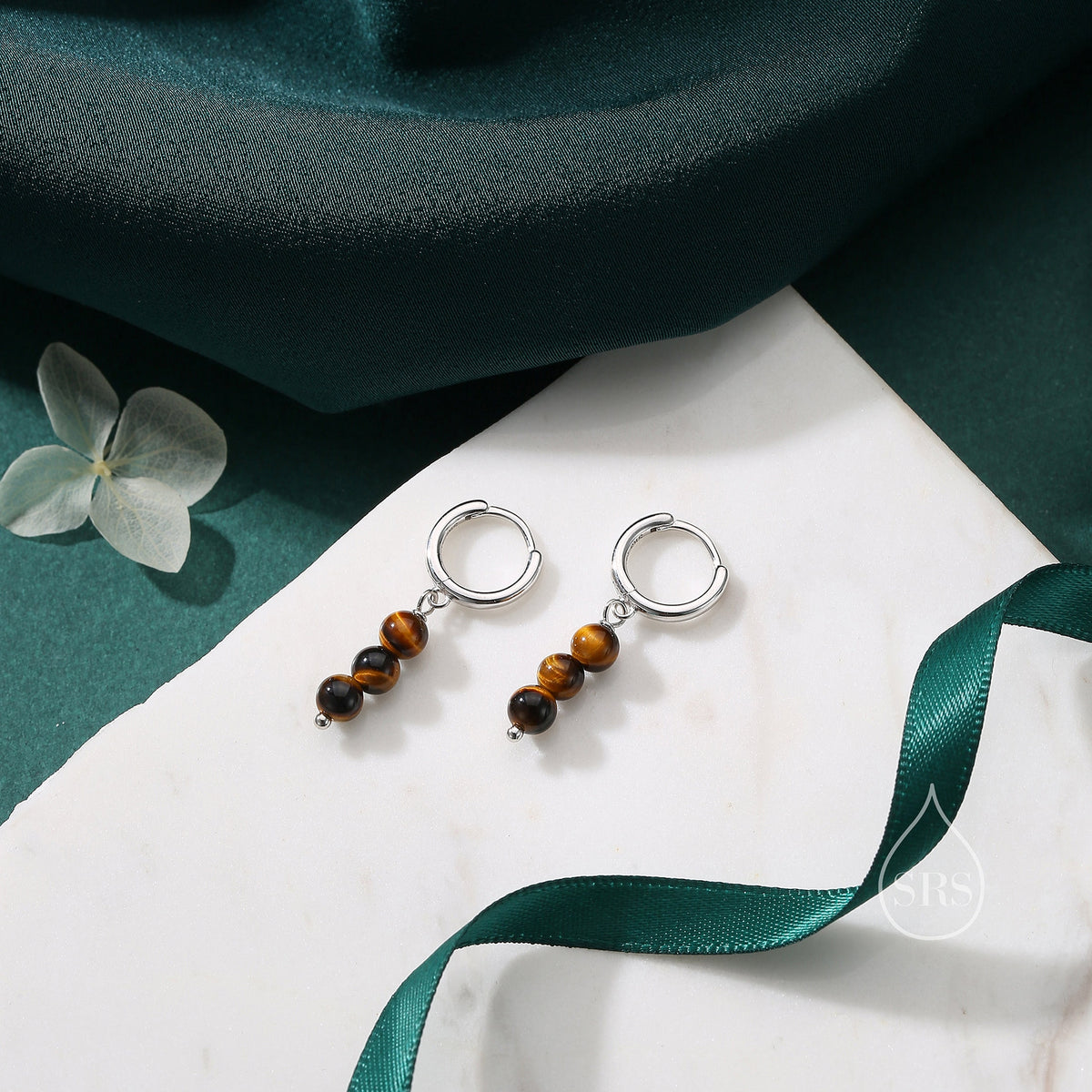 Genuine Tiger's Eye Stone Trio Huggie Hoop Earrings in Sterling Silver, Tiger Eye Cluster Dangle Earrings, Three Tiger's Eye Stone Hoops