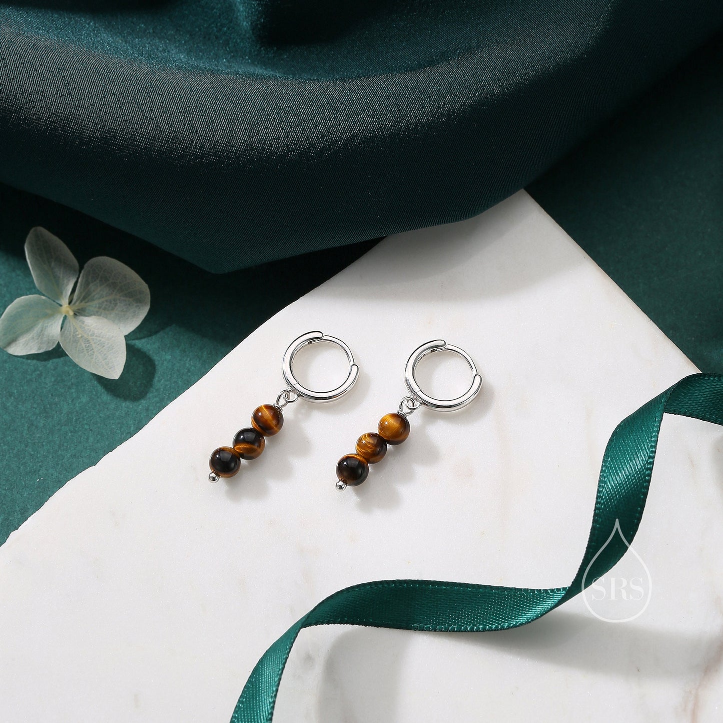 Genuine Tiger&#39;s Eye Stone Trio Huggie Hoop Earrings in Sterling Silver, Tiger Eye Cluster Dangle Earrings, Three Tiger&#39;s Eye Stone Hoops