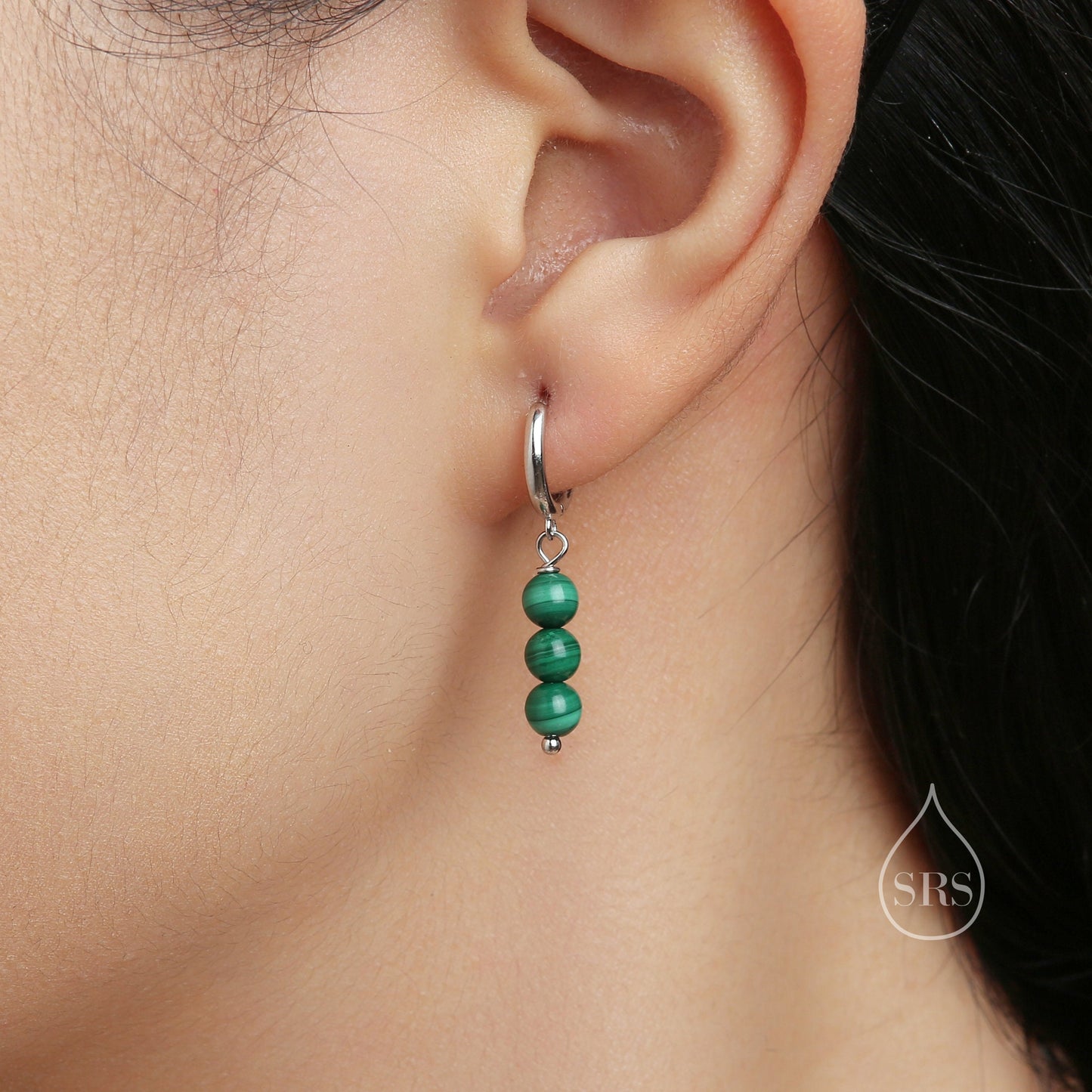 Genuine Malachite Stone Trio Huggie Hoop Earrings in Sterling Silver, Green Malachite Cluster Dangle Earrings, Three Stone Hoops