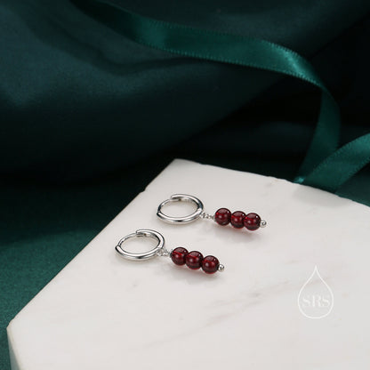 Genuine Garnet Stone Trio Huggie Hoop Earrings in Sterling Silver, Red Garnet Cluster Dangle Earrings, Three Stone Hoops, January