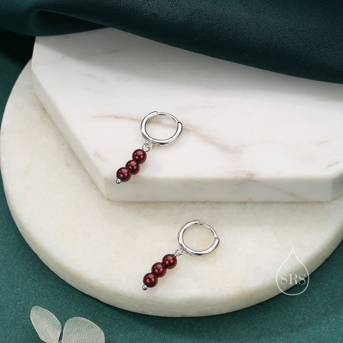 Genuine Garnet Stone Trio Huggie Hoop Earrings in Sterling Silver, Red Garnet Cluster Dangle Earrings, Three Stone Hoops, January