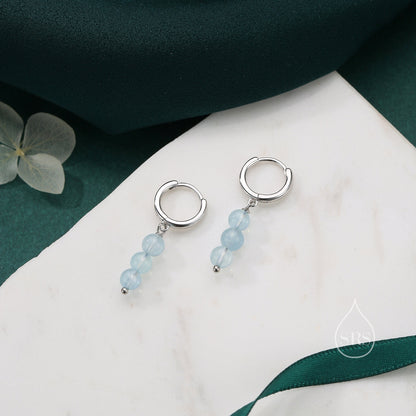 Genuine Blue Chalcedony Stone Trio Huggie Hoop Earrings in Sterling Silver, Blue Onyx Cluster Dangle Earrings, Three Stone Hoops