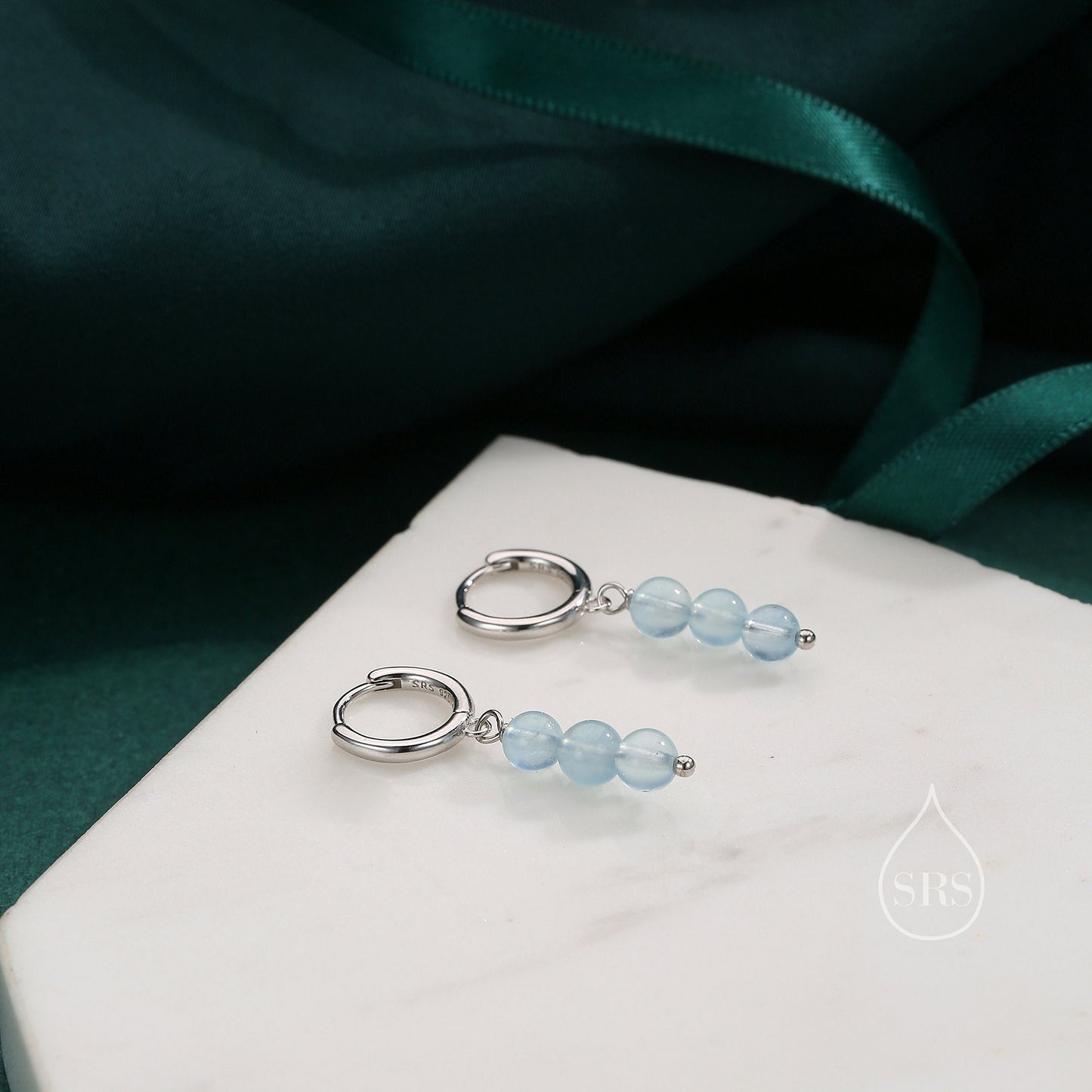 Genuine Blue Chalcedony Stone Trio Huggie Hoop Earrings in Sterling Silver, Blue Onyx Cluster Dangle Earrings, Three Stone Hoops