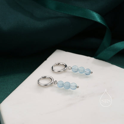 Genuine Blue Chalcedony Stone Trio Huggie Hoop Earrings in Sterling Silver, Blue Onyx Cluster Dangle Earrings, Three Stone Hoops