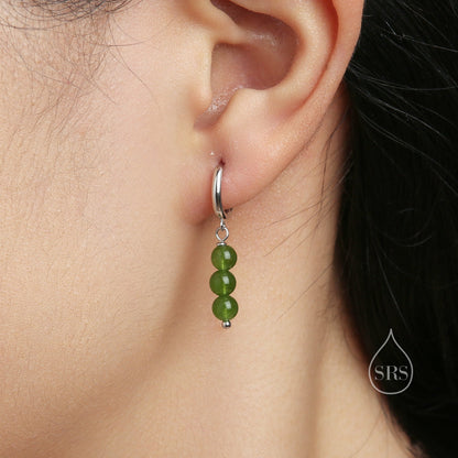 Genuine Peridot Trio Huggie Hoop Earrings in Sterling Silver, Peridot Crystal Cluster Dangle Earrings, Three Stone Hoops