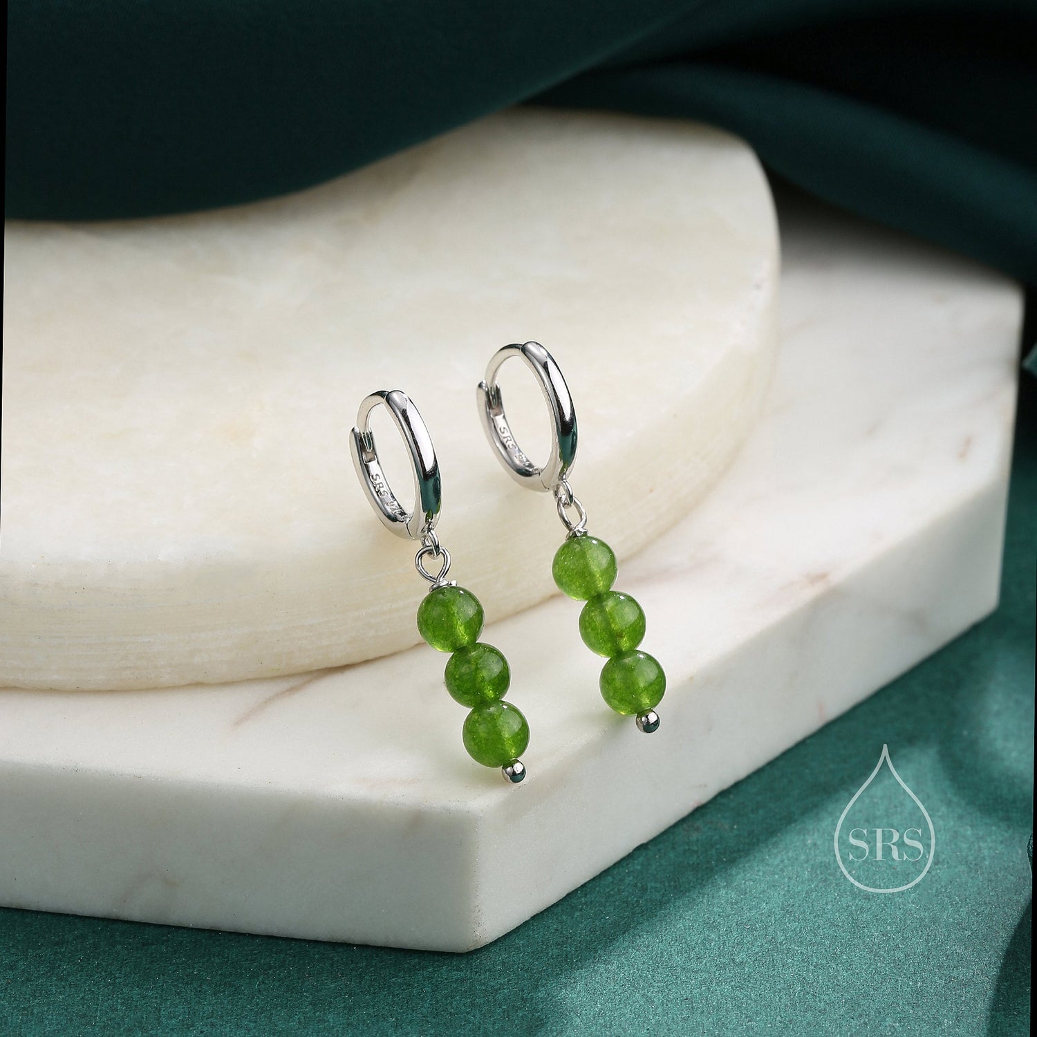 Genuine Jasper Jade Stone Trio Huggie Hoop Earrings in Sterling Silver, Jasper Jade Cluster Dangle Earrings, Three Stone Hoops