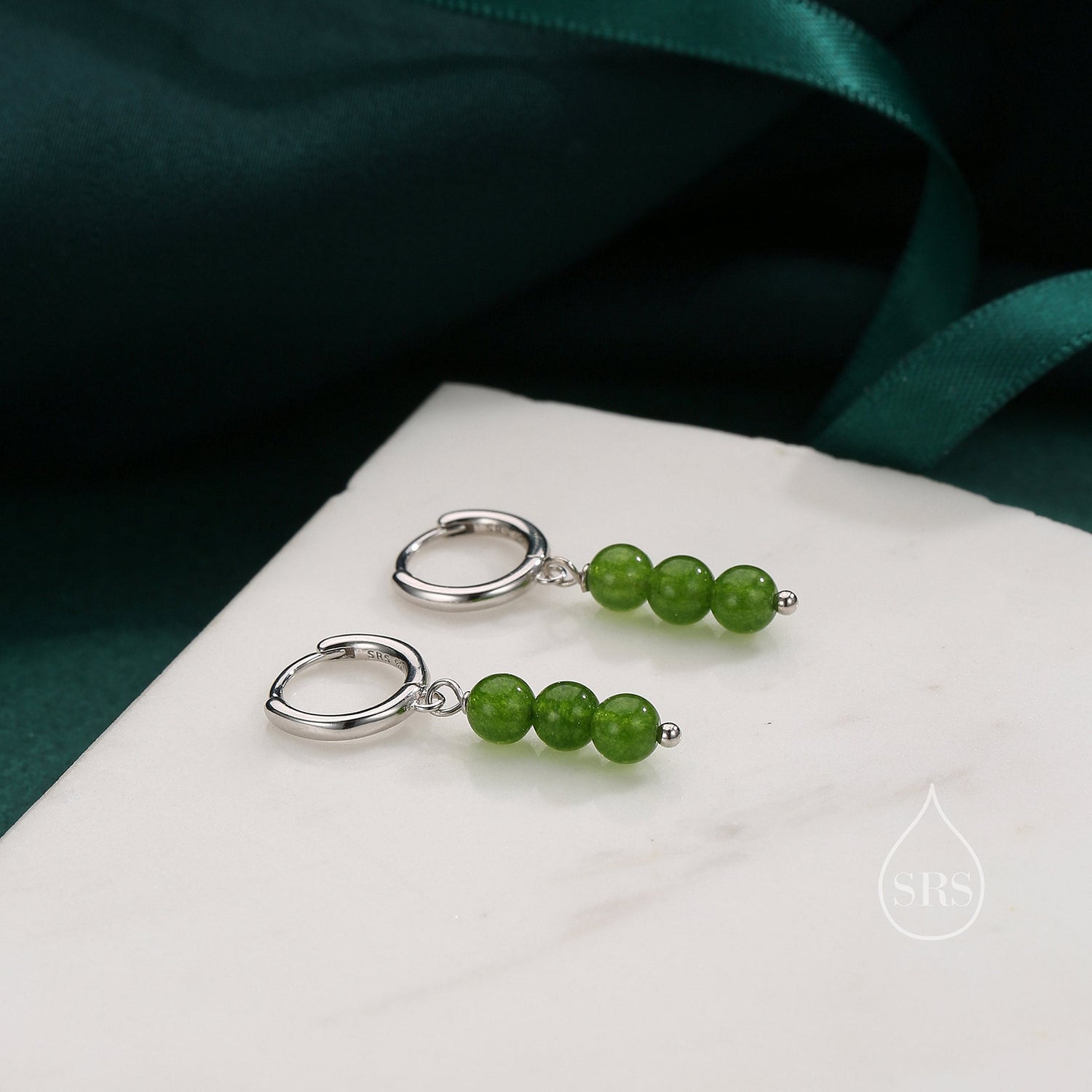 Genuine Jasper Jade Stone Trio Huggie Hoop Earrings in Sterling Silver, Jasper Jade Cluster Dangle Earrings, Three Stone Hoops