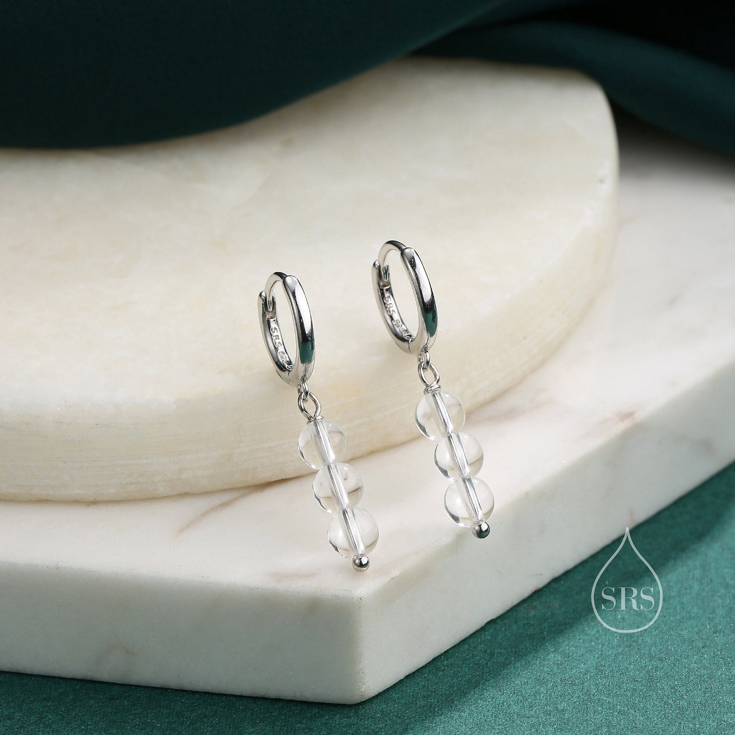 Genuine Clear Quartz Trio Huggie Hoop Earrings in Sterling Silver, Clear Quartz Cluster Dangle Earrings, Three Stone Hoops