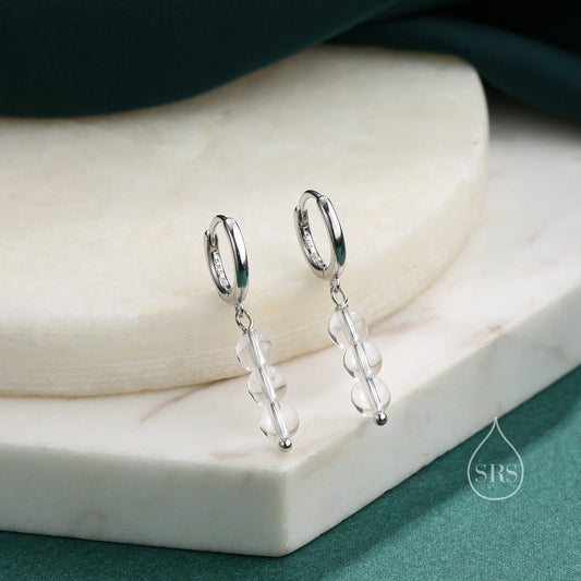 Genuine Clear Quartz Trio Huggie Hoop Earrings in Sterling Silver, Clear Quartz Cluster Dangle Earrings, Three Stone Hoops