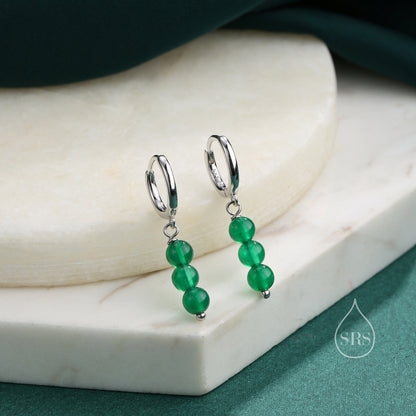 Genuine Green Onyx Stone Trio Huggie Hoop Earrings in Sterling Silver, Green Onyx Cluster Dangle Earrings, Three Stone Hoops