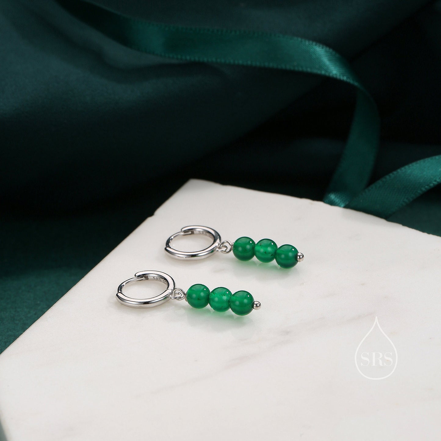 Genuine Green Onyx Stone Trio Huggie Hoop Earrings in Sterling Silver, Green Onyx Cluster Dangle Earrings, Three Stone Hoops