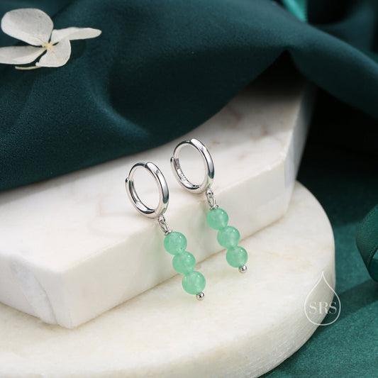 Genuine Green Chalcedony Stone Trio Huggie Hoop Earrings in Sterling Silver, Green Chalcedony Cluster Dangle Earrings, Three Stone Hoops