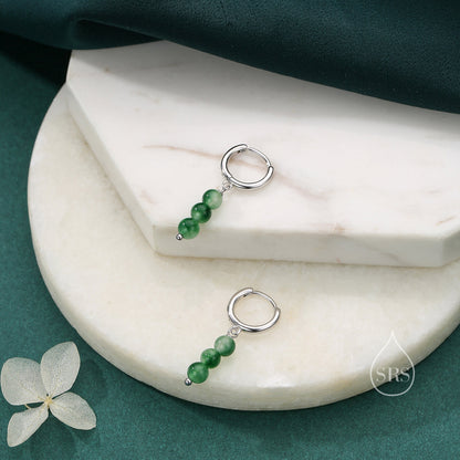 Genuine Moss Agate Trio Huggie Hoop Earrings in Sterling Silver, Moss Agate Crystal Cluster Dangle Earrings, Three Stone Hoops