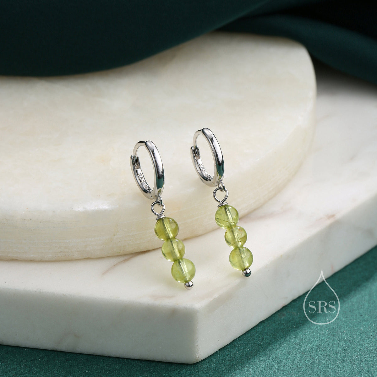 Genuine Peridot Trio Huggie Hoop Earrings in Sterling Silver, Peridot Crystal Cluster Dangle Earrings, Three Stone Hoops