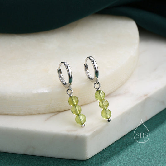 Genuine Peridot Trio Huggie Hoop Earrings in Sterling Silver, Peridot Crystal Cluster Dangle Earrings, Three Stone Hoops