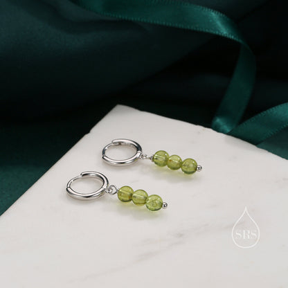 Genuine Peridot Trio Huggie Hoop Earrings in Sterling Silver, Peridot Crystal Cluster Dangle Earrings, Three Stone Hoops