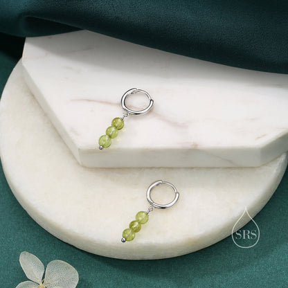 Genuine Peridot Trio Huggie Hoop Earrings in Sterling Silver, Peridot Crystal Cluster Dangle Earrings, Three Stone Hoops