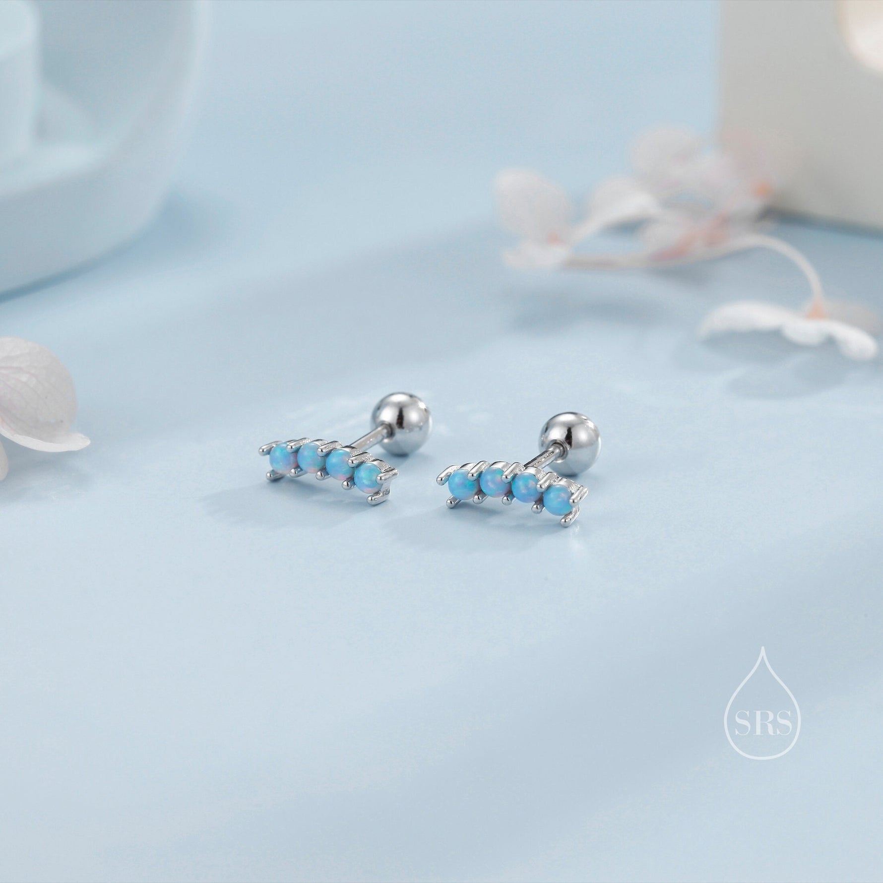 Tiny Opal Curved Bar Screw Back Earrings in Sterling Silver, Silver or Gold, White Opal or Blue Opal Screw Back Earrings, Fire Opal