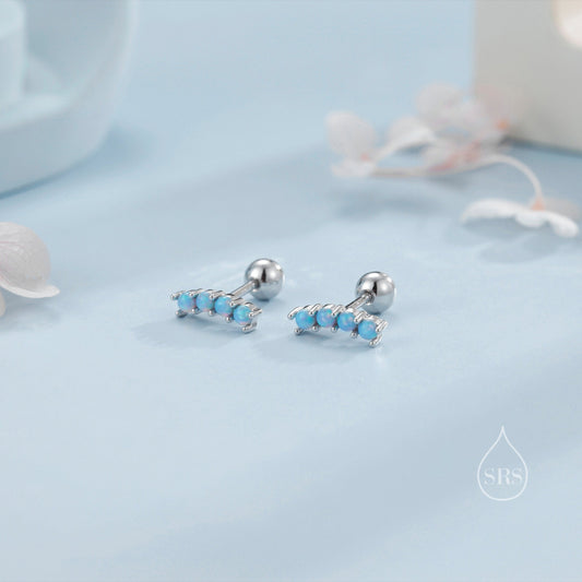 Tiny Opal Curved Bar Screw Back Earrings in Sterling Silver, Silver or Gold, White Opal or Blue Opal Screw Back Earrings, Fire Opal