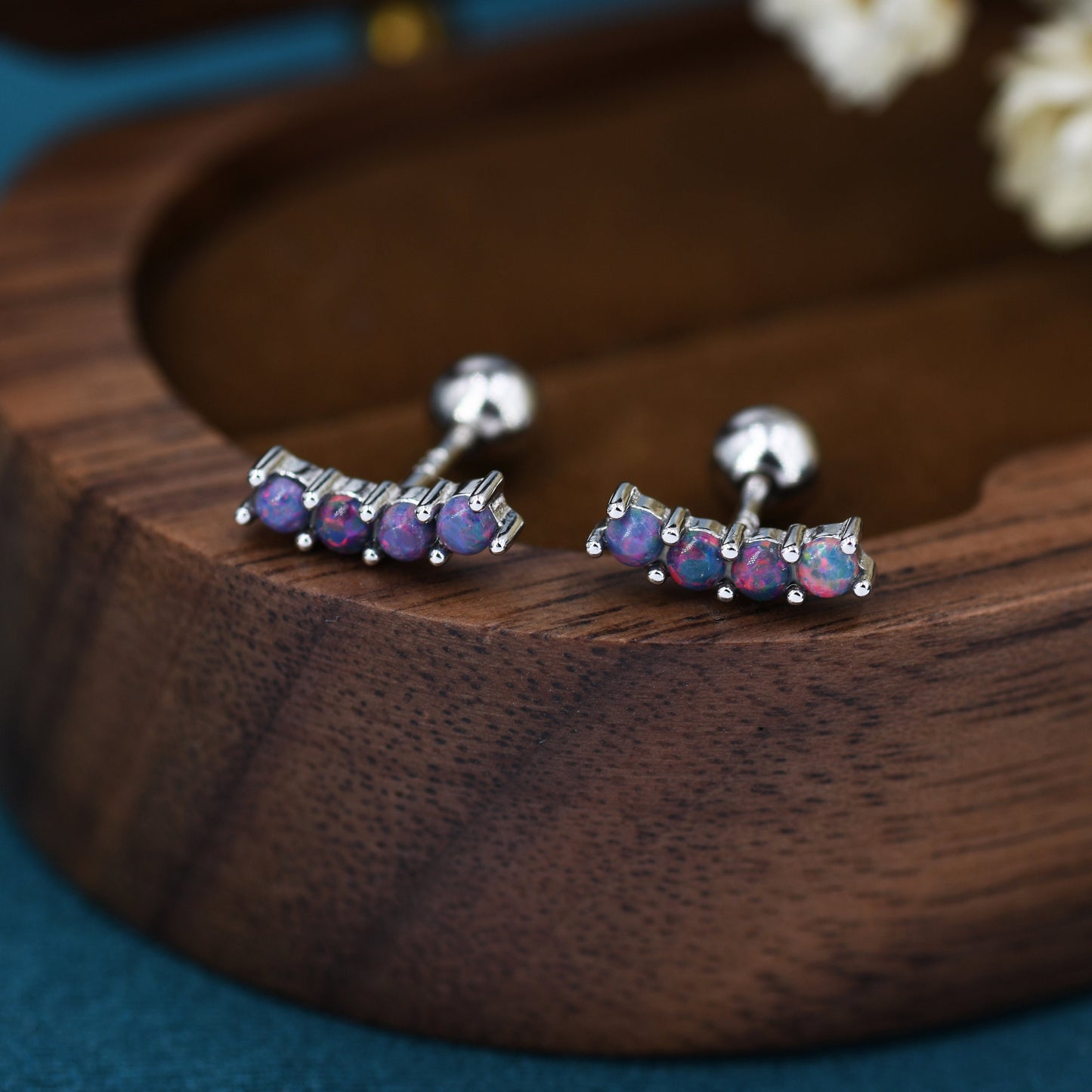 Tiny Dark Purple Opal Curved Bar Screw Back Earrings in Sterling Silver, Silver or Gold,  Opal Screw Back Earrings, Fire Opal