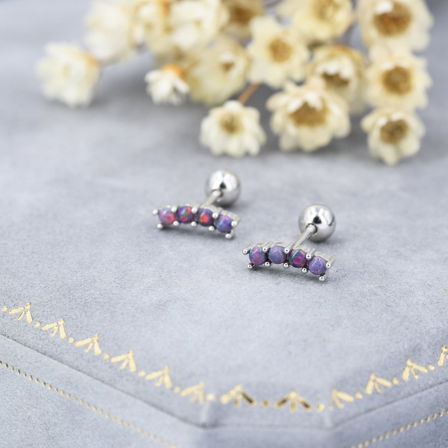 Tiny Dark Purple Opal Curved Bar Screw Back Earrings in Sterling Silver, Silver or Gold, Opal Screw Back Earrings, Fire Opal