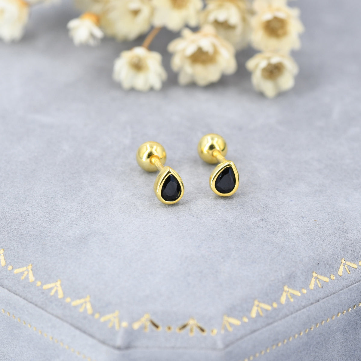 Extra Tiny Black CZ Droplet Screw Back Earrings in Sterling Silver, Silver or Gold, Black CZ Screwback Earrings, Barbell