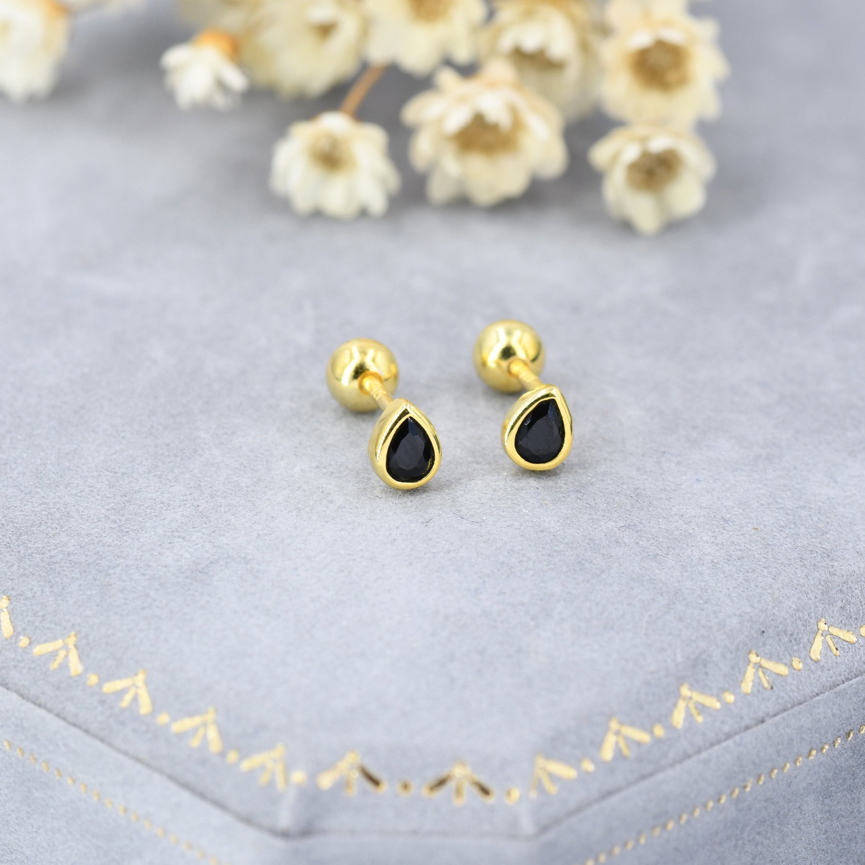 Extra Tiny Black CZ Droplet Screw Back Earrings in Sterling Silver, Silver or Gold, Black CZ Screwback Earrings, Barbell