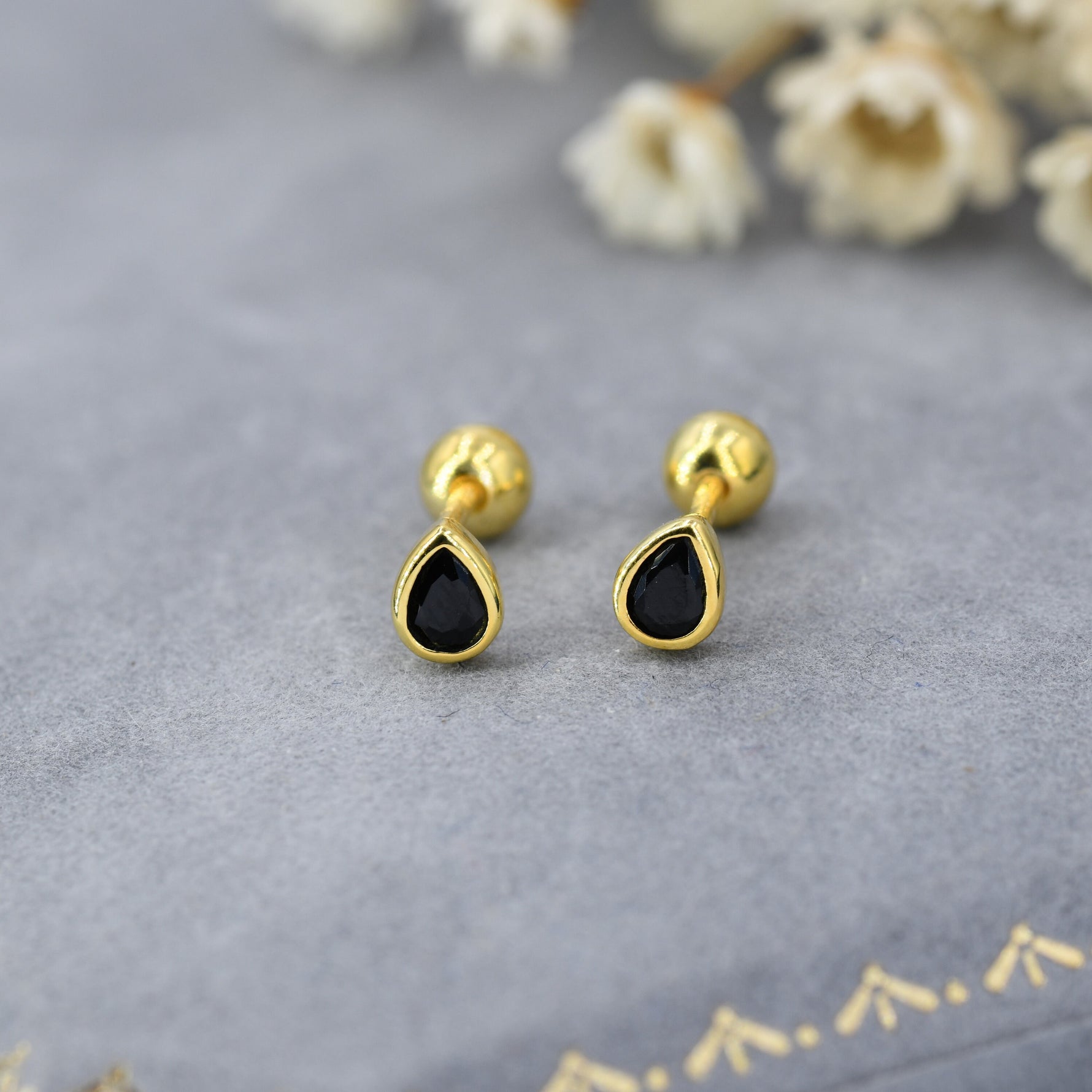 Extra Tiny Black CZ Droplet Screw Back Earrings in Sterling Silver, Silver or Gold, Black CZ Screwback Earrings, Barbell