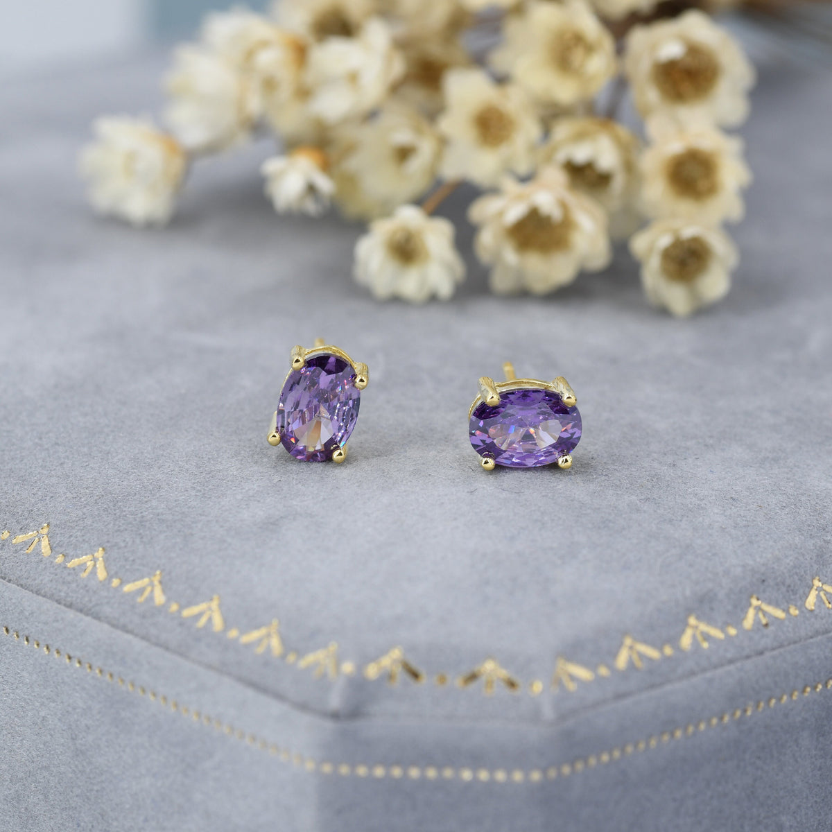 Amethyst Purple Oval CZ Stud Earrings in Sterling Silver, Available in Two Sizes, Oval Cut Crystal Earrings, February Birthstone