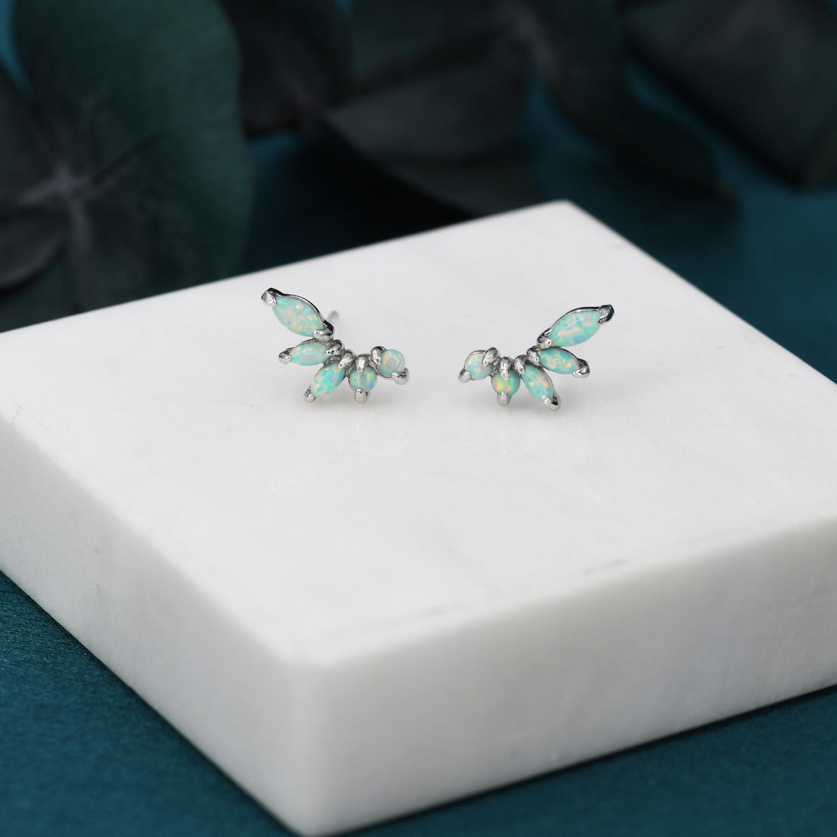 Sterling Silver Green Opal Marquise Cluster Stud Earrings, Silver and Gold, Opal Earrings, Lab Opal Mini Crawler Earrings, Minimalist