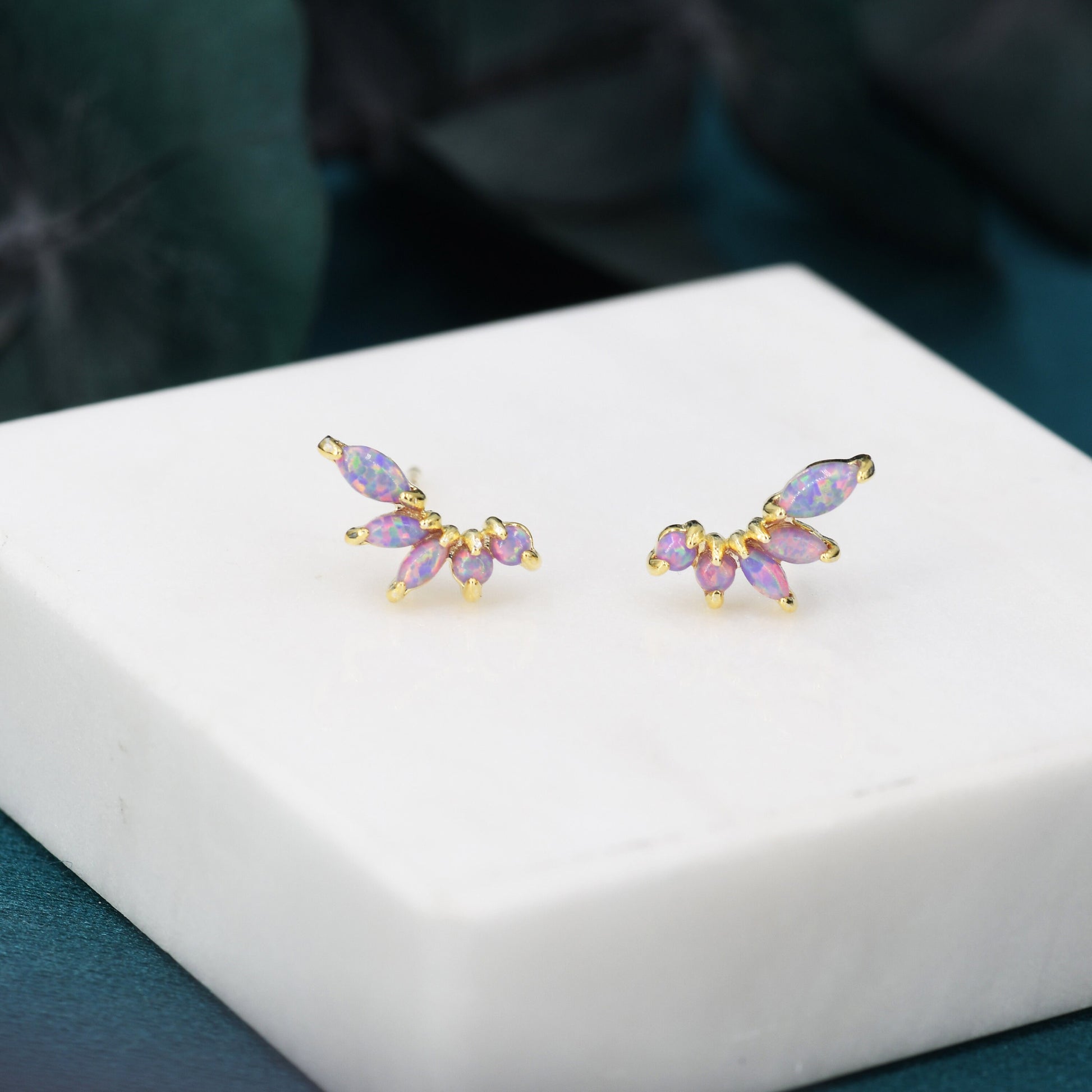 Sterling Silver Purple Opal Marquise Cluster Stud Earrings, Silver and Gold, Opal Earrings, Lab Opal Mini Crawler Earrings, Minimalist