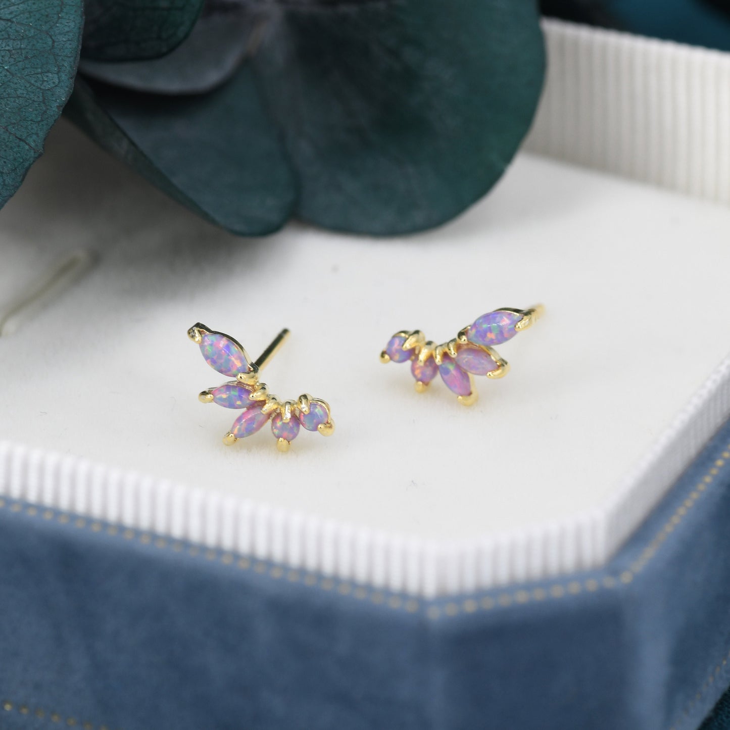 Sterling Silver Purple Opal Marquise Cluster Stud Earrings, Silver and Gold, Opal Earrings, Lab Opal Mini Crawler Earrings, Minimalist