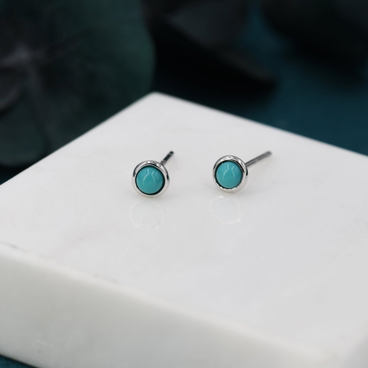 Sterling Silver Green Turquoise Stud Earrings, 3mm, Genuine Turquoise Gemstone Stud, Bezel, Minimalist Style, December Birthstone