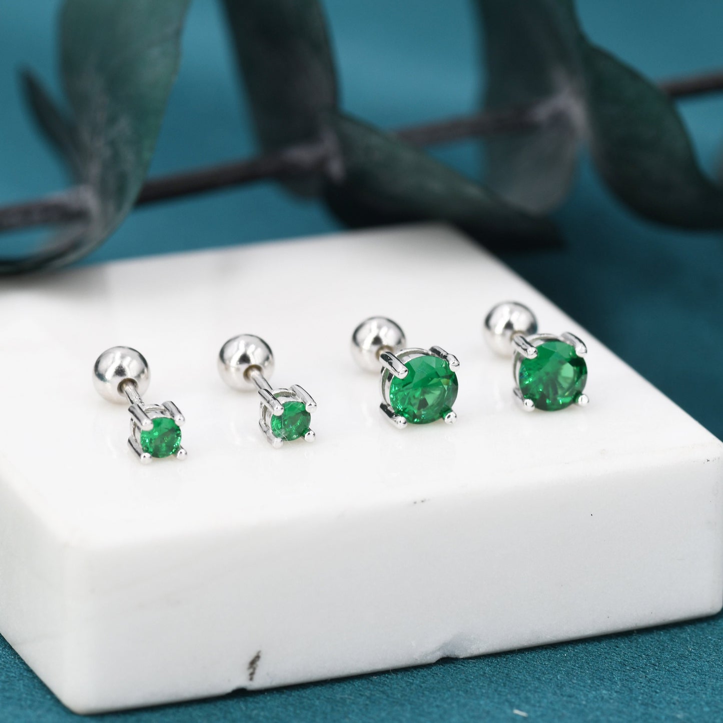 Emerald Green CZ Screw Back Earrings in Sterling Silver, Available in 3mm 4mm 5mm 6mm, Brilliant Cut Emerald Green CZ Earrings, Four Prong